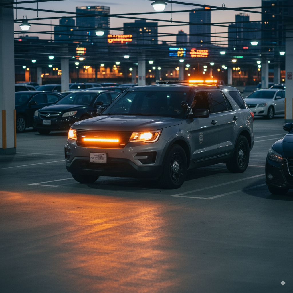 Private security SUV with low-profile amber lights active in a parking lot.