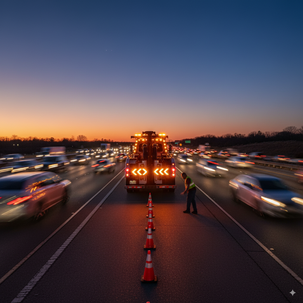 Tow truck on highway shoulder with amber light bar and rear arrow stick illuminated.