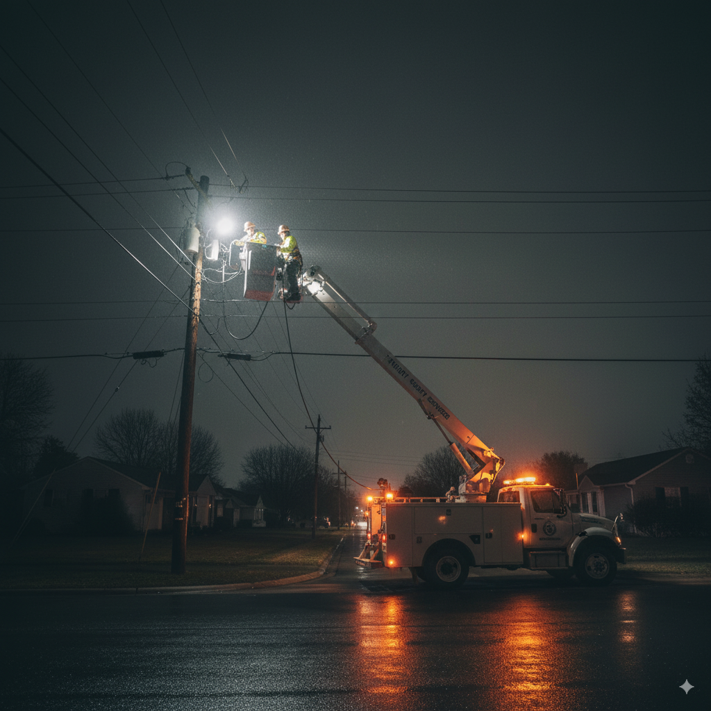 Utility bucket truck with amber caution lights and work scene lighting at night.