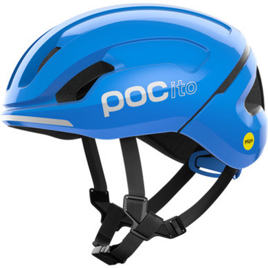 Blue POC kids helmet with white logo