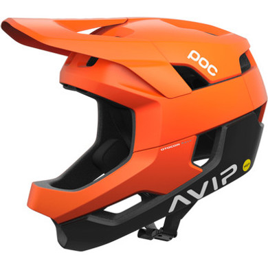 Orange and Black POC full face helmet with white logos