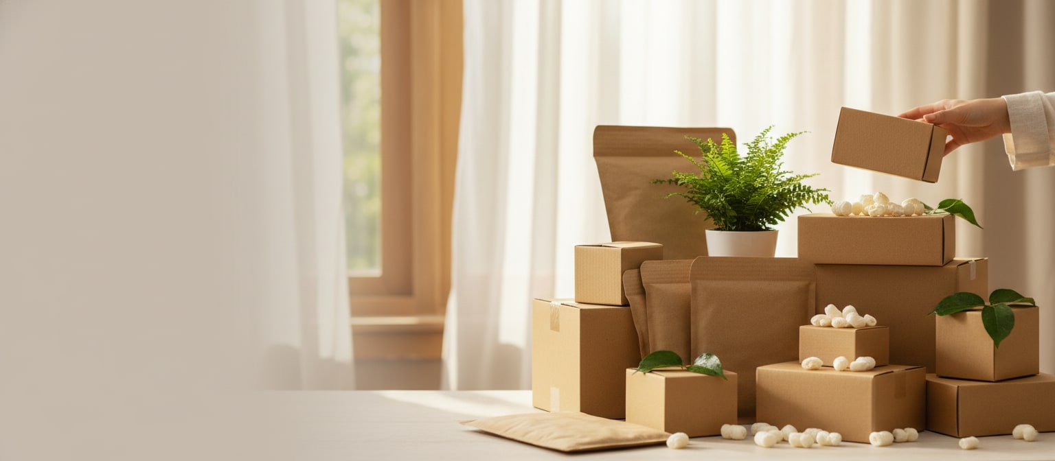 Eco-friendly recycled packaging boxes and biodegradable mailers with green plant