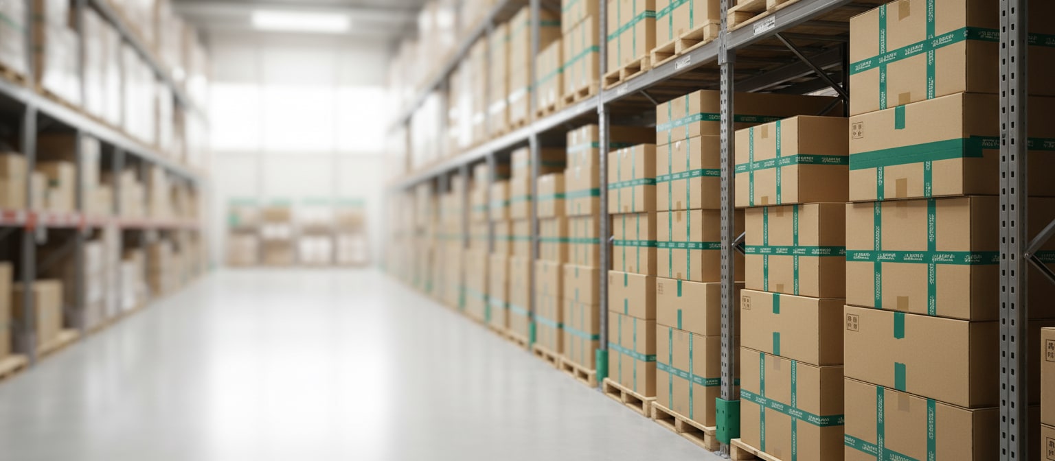 Warehouse aisle stacked with heavy duty corrugated shipping boxes