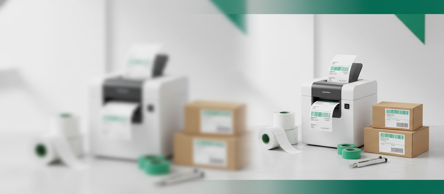 Thermal label printer with shipping label rolls and parcels on a clean desk