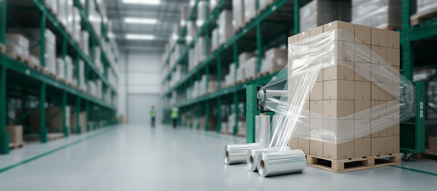 Pallet wrapped with clear industrial stretch film in a logistics warehouse