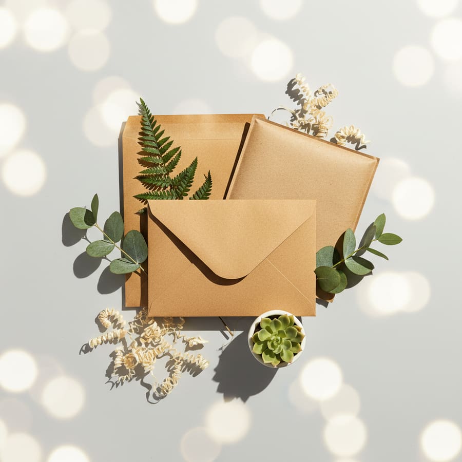 Recycled kraft mailer and compostable packaging with green leaves