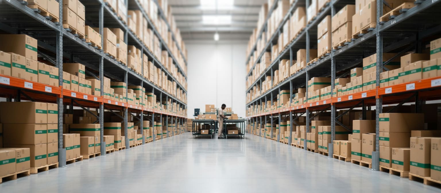 Bright, organized packaging fulfillment warehouse with aisles of corrugated shipping boxes