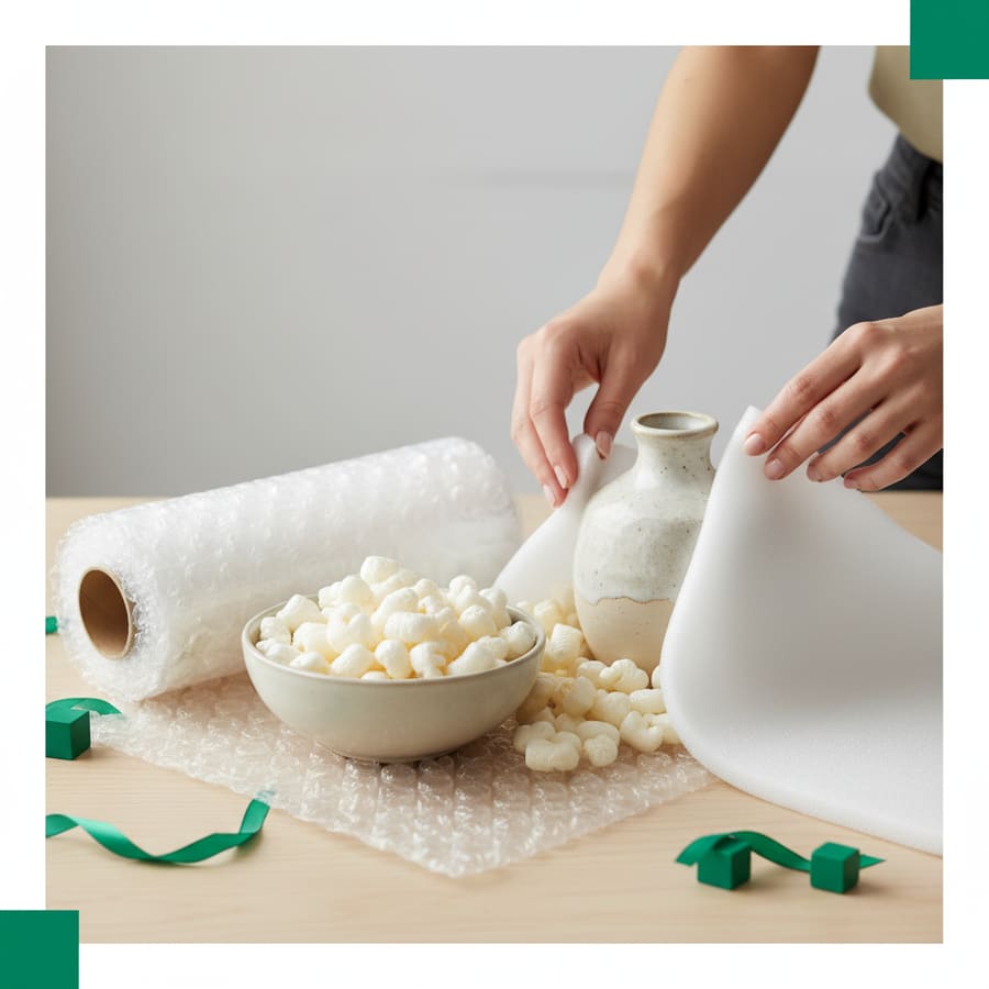 Bubble wrap, foam and packing peanuts protecting a fragile item