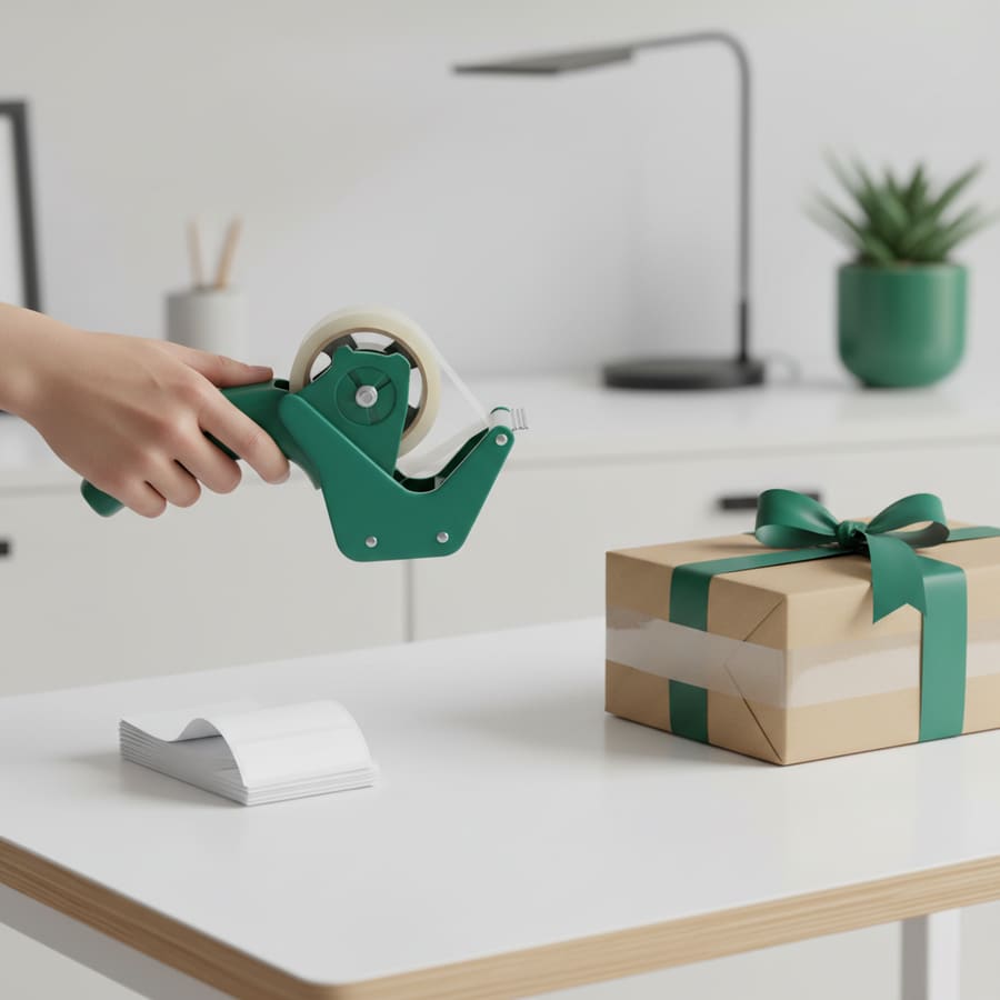 Packing tape dispenser, clear tape and shipping labels on a desk