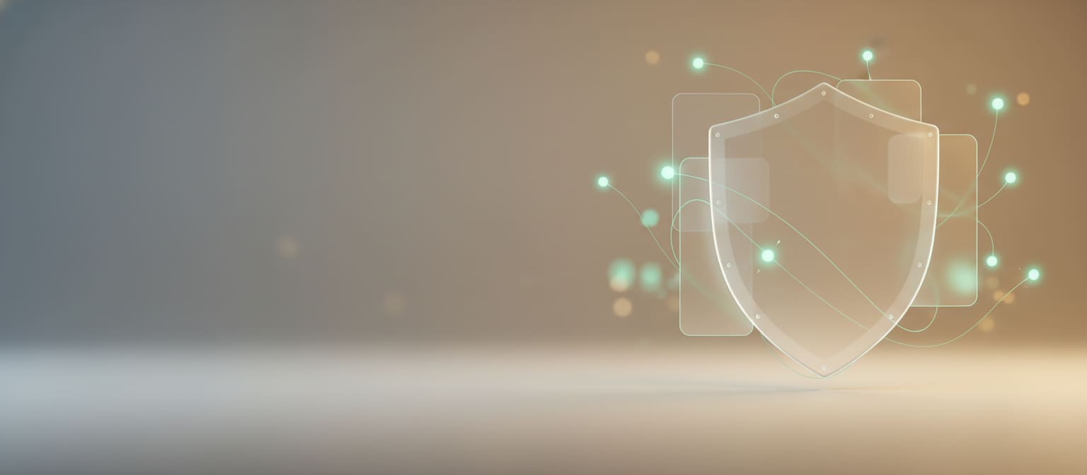 Abstract privacy and data-security motif with a soft shield and emerald accents