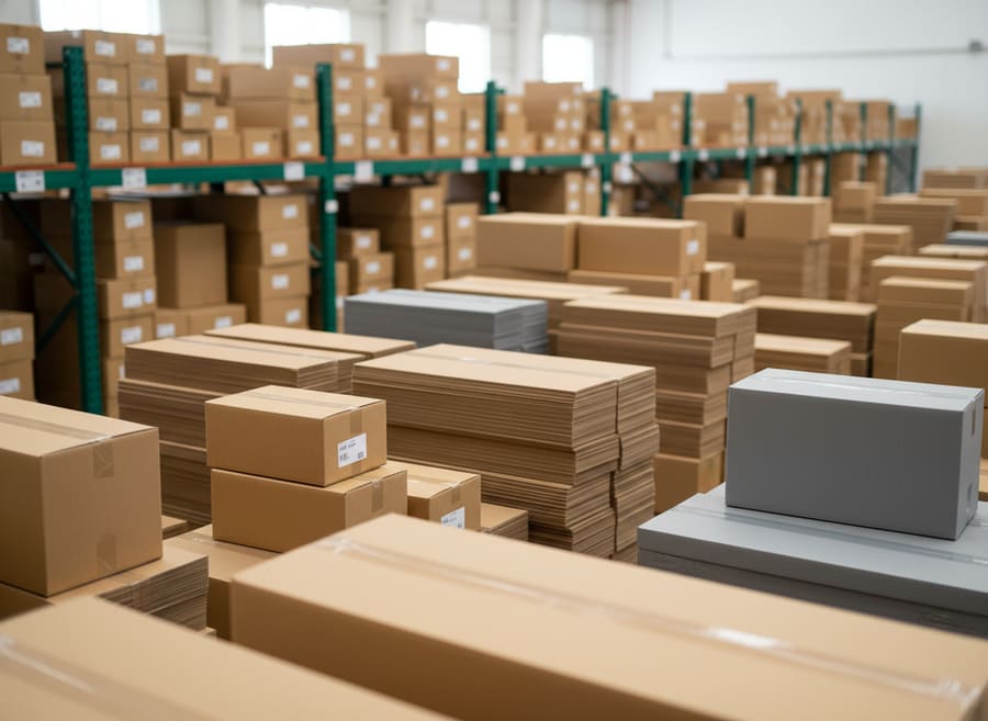 Bulk stacks of corrugated shipping boxes in a warehouse