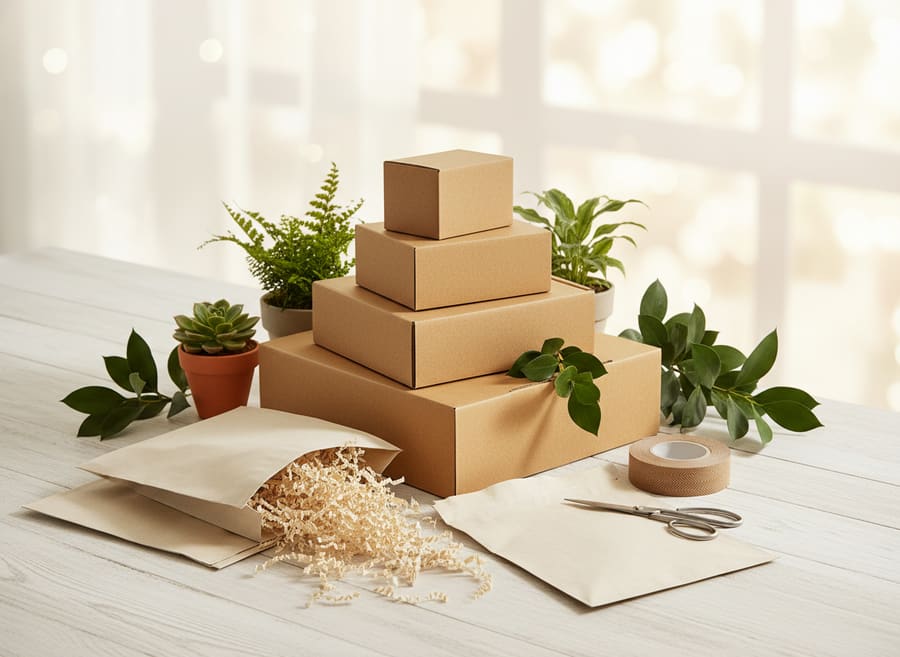 Eco-friendly kraft boxes, compostable mailers and paper void fill with plants
