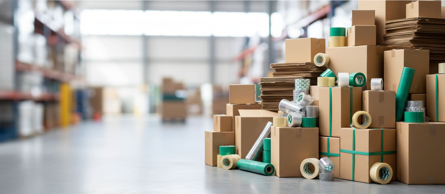 Warehouse stacked with shipping boxes, tape and stretch film for a bulk savings sale