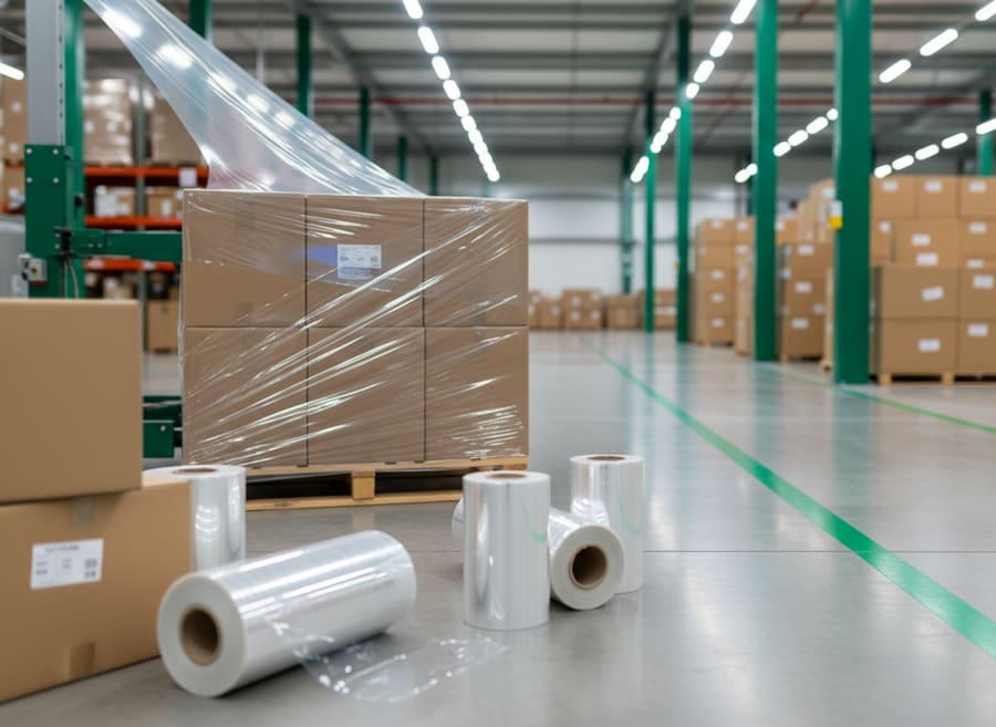 Pallet being wrapped with clear stretch film in a distribution warehouse