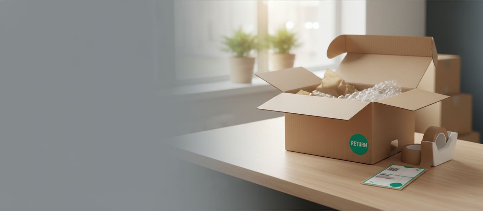 Tidy returns desk with an open corrugated return box, return label and paper tape