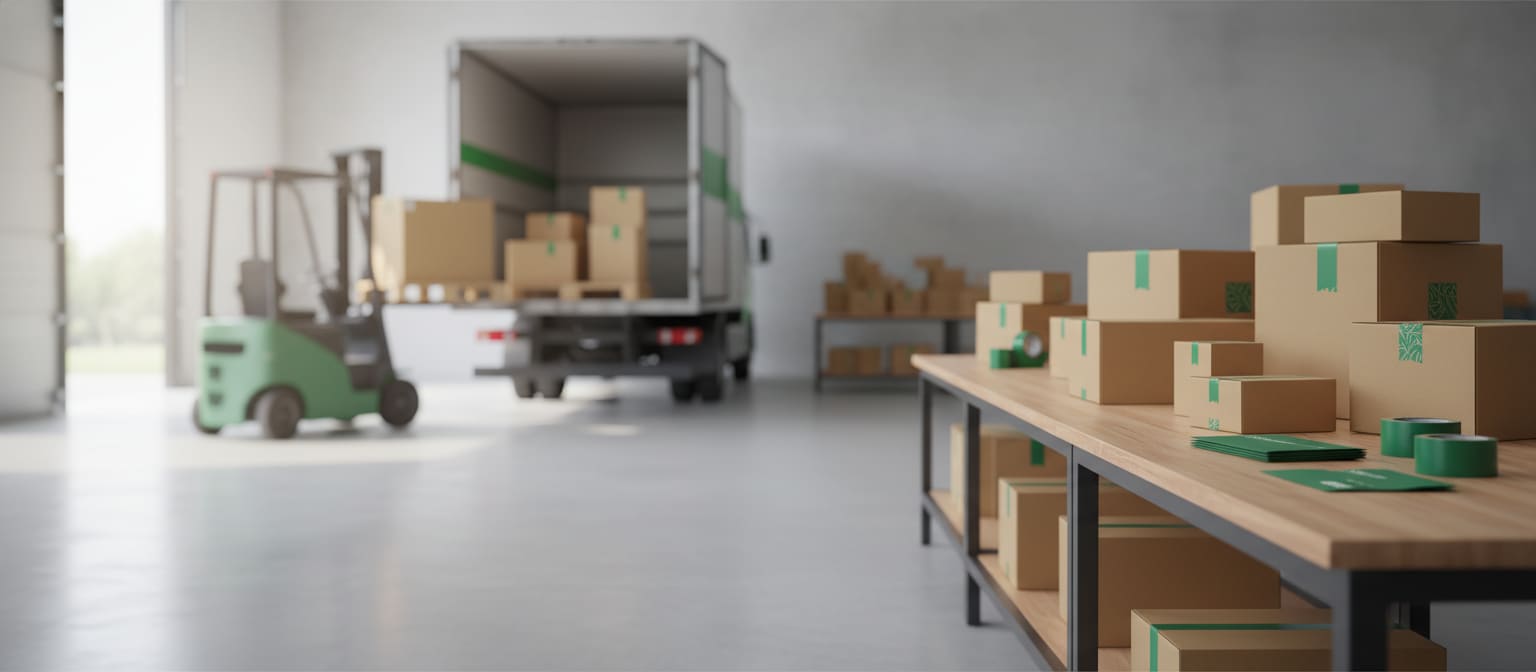 Bright dispatch dock with labelled shipping parcels ready for outbound delivery