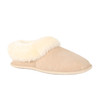 Soft sole sheepskin slippers in beige color, with rolled collars that show the inner fleece, and help keep ankles warm.