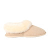 Soft sole sheepskin slippers in beige color, with rolled collars that show the inner fleece, and help keep ankles warm.