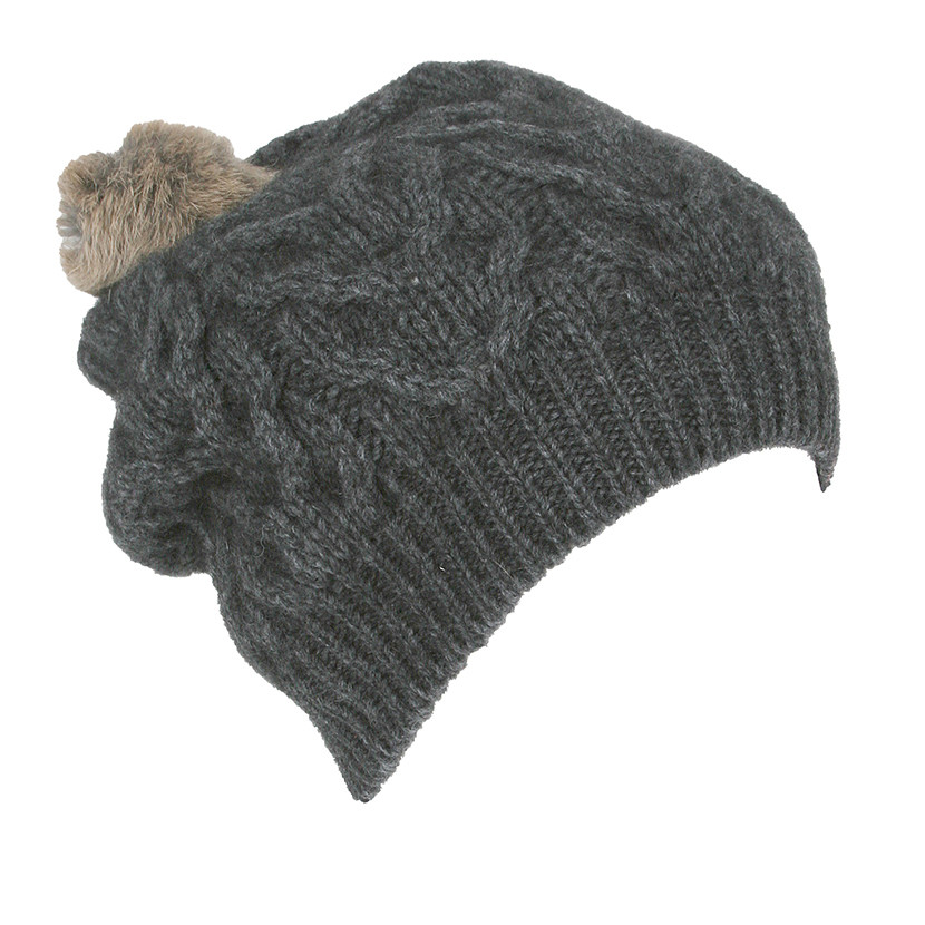 Possum Merino Relaxed Cable Beanie with Rabbit Fur Pompom
