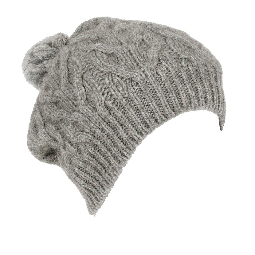 Possum Merino Relaxed Cable Beanie with Rabbit Fur Pompom