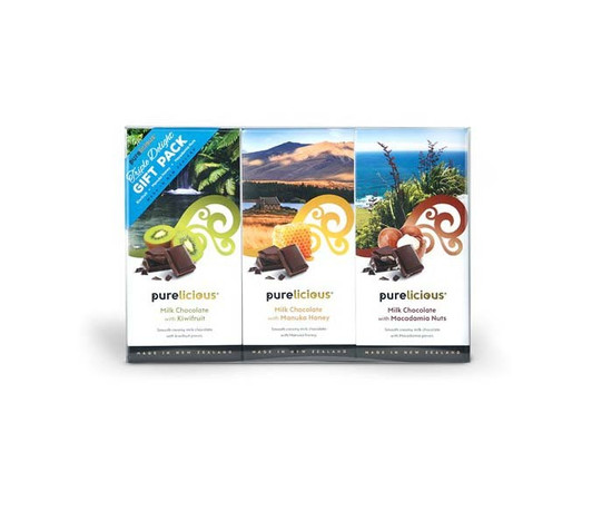 Chocolate bar gift set pack of three, variants per set are manuka honey, kiwi fruit and macadamia nuts.