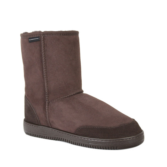 Roa Short Boots - midcalf sheepskin boots in chocolate brown color, classic utilitarian design with leather toe guards, also popularly known as Ugg boots. Roa Short Boots - midcalf sheepskin boots in chocolate brown color, classic utilitarian design with leather toe guards, also popularly known as Ugg boots.