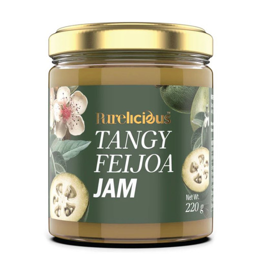 220 gram large jar of tangy feijoa fruit jam, made by the Purelicious company.