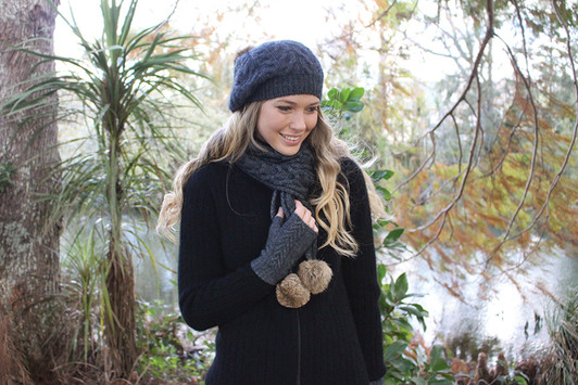 SALE! Possum Merino Cable Scarf with fur pompom