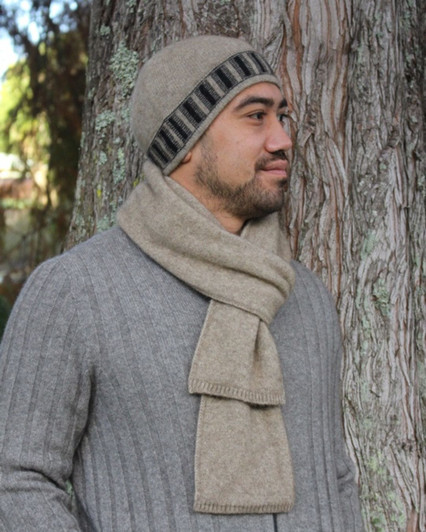 Possum Merino Stripe Trim Beanie with matching scarf - natural