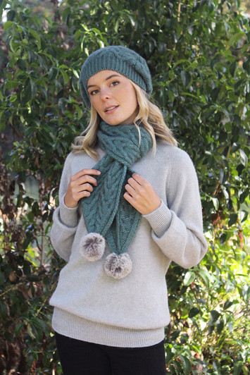 Possum Merino Cable Scarf with fur pompom 106 Possum Merino Cable Scarf with fur pompom 106