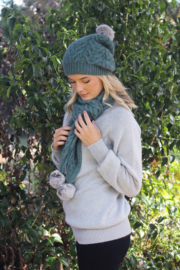 Possum Merino Relaxed Cable Beanie with Rabbit Fur Pompom 72