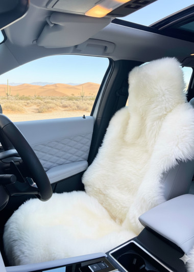 Universal white sheepskin car seat cover installed on a black leather car seat