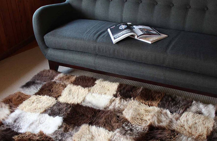 Patched  Long Wool Rectangular Rug in Natural Colours
