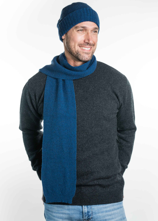 Possum Merino Lightweight Moss Stitch Scarf, admiral blue