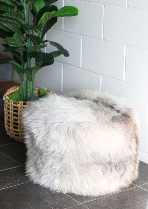 Natural Black Sheepskin Pouffe Ottoman - Made in New Zealand