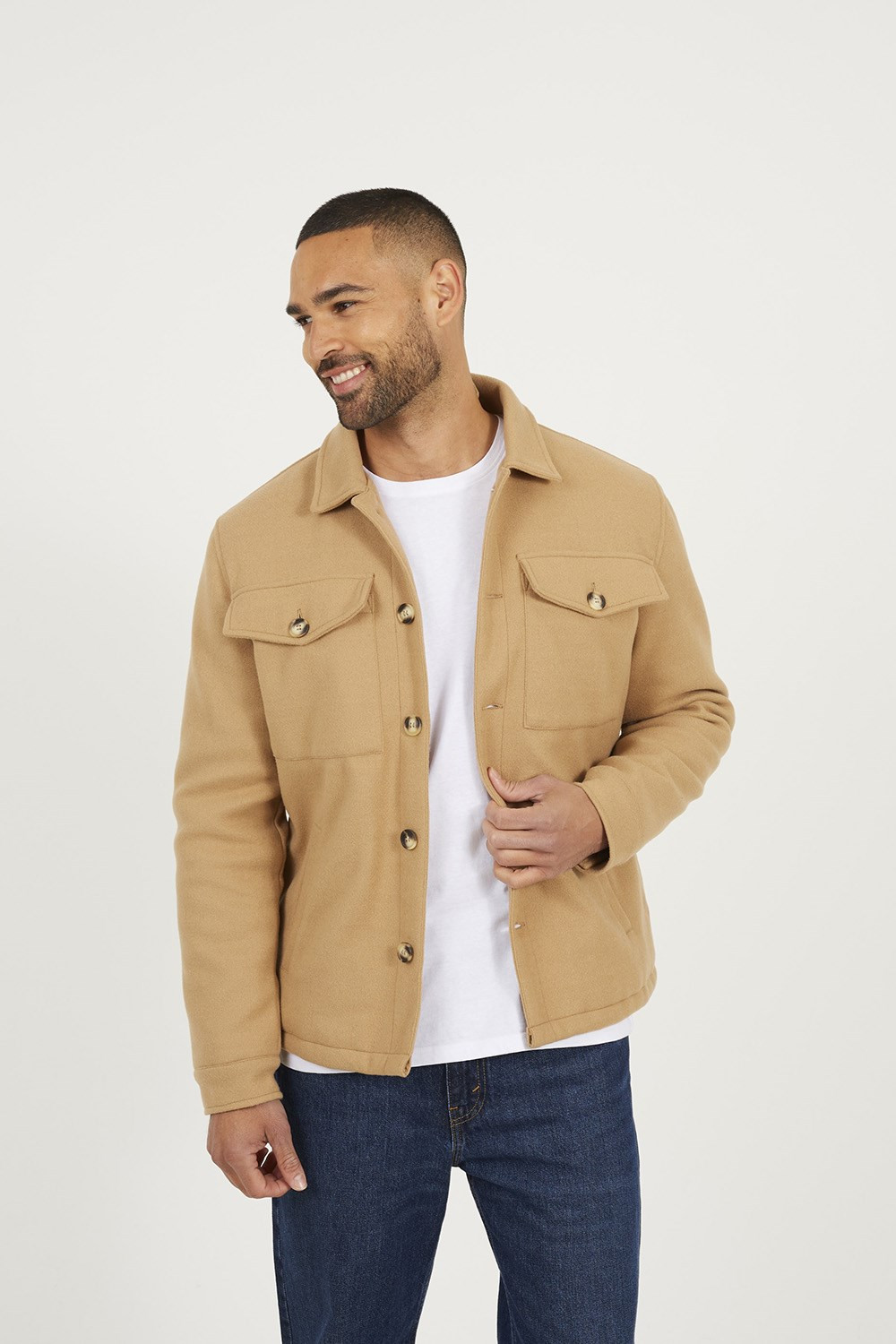 Mens Faux Wool Button Through Padded Shacket | Mountain Warehouse