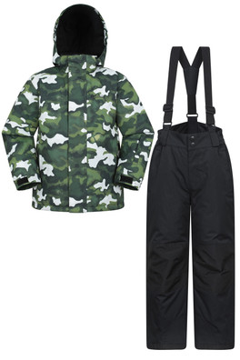 Kids Printed Ski Jacket & Pant Set - Dark Khaki