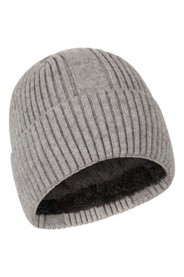 Fur Lined Mens Ribbed Thermal Beanie - Grey