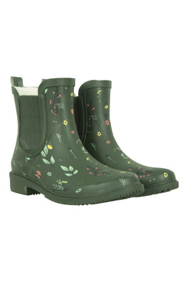 Floral Womens Rubber Chelsea Wellies - Dark Khaki