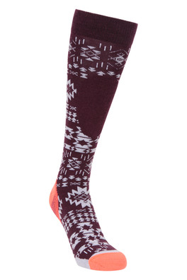 Polar Womens Patterned Merino Technical Knee Length Ski Socks - Burgundy