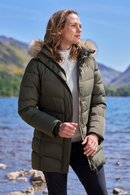 Isla II Womens Long Down Jacket - Dark Khaki