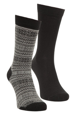 Mens Patterned Merino Mid-Calf Socks 2-Pack - Charcoal