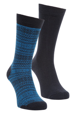 Mens Patterned Merino Mid-Calf Socks 2-Pack - Navy