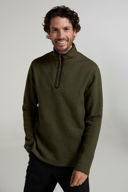 Beta Contrast Mens Zip-Neck Top - Dark Khaki