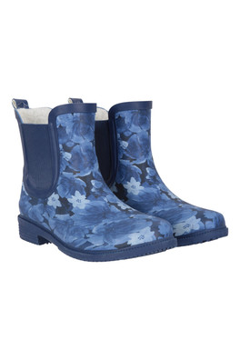 Womens Printed Rubber Ankle Wellies - Dark Blue