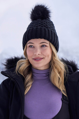 Lisbon Borg Lined Womens Thermal Pom-Pom Beanie - Black
