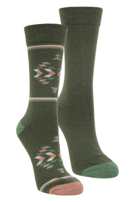 Bold Pattern Womens Merino Mid-Calf Walking Socks 2-Pack - Dark Green