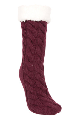 Borg Womens Long Slipper Socks - Burgundy