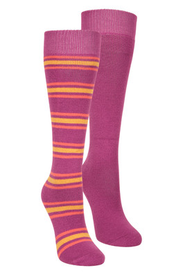 Womens Striped Knee Length Ski Socks 2-Pack - Dark Pink
