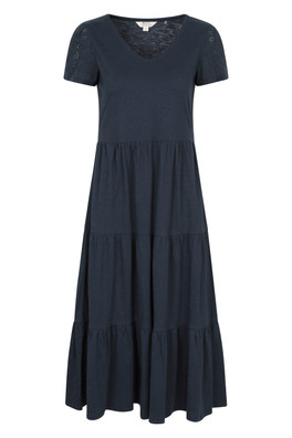 Malaga Broderie Sleeve Womens Tiered Dress - Navy